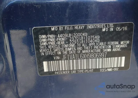 2017 Subaru Wrx Limited from USA, damaged, VIN JF1VA1L6XH9806997